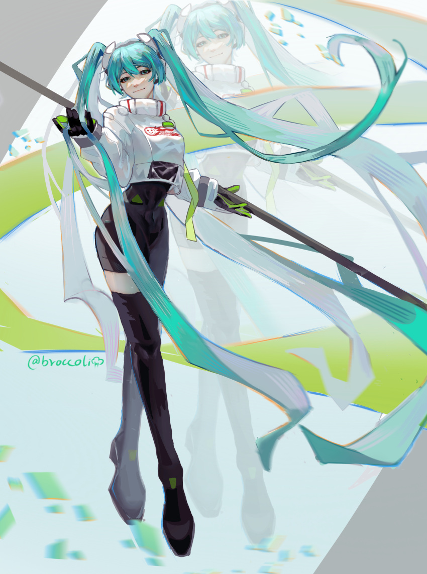 absurdres black_gloves boots flag full_body gloves green_eyes green_hair hatsune_miku headgear highres holding holding_flag long_hair racing_miku thigh_boots twintails user_vcdy8858 very_long_hair vocaloid