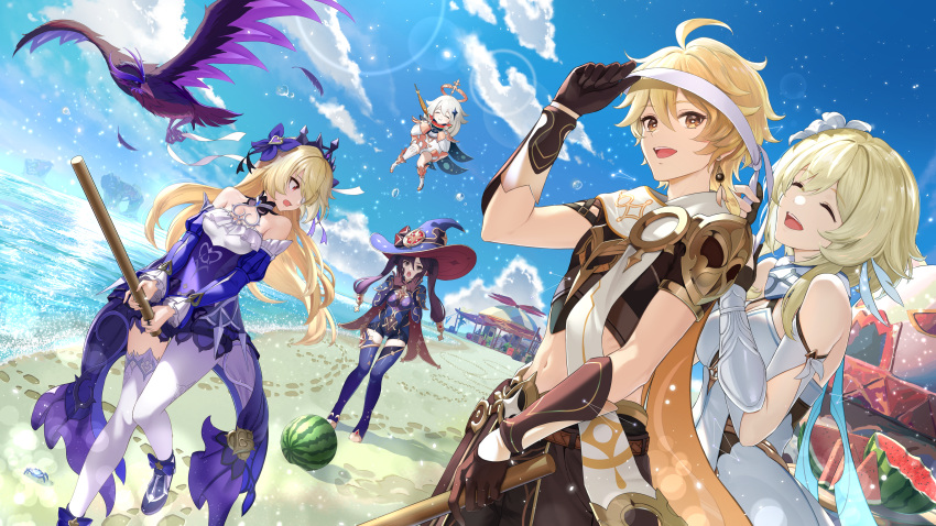 1boy 4girls :i ^_^ absurdres aether_(genshin_impact) ahoge asymmetrical_legwear bangs beach bird black_cape black_gloves black_hair black_pants black_ribbon black_shirt blindfold blindfold_lift blonde_hair blue_cape blue_headwear blue_leotard blue_sky blue_thighhighs bow braid braided_ponytail cape closed_eyes commentary_request crab crescent crop_top crow crown day detached_sleeves dress dutch_angle earrings eating eyelashes eyepatch fischl_(ein_immernachtstraum)_(genshin_impact) fischl_(genshin_impact) fish floating floating_hair flower food footprints frilled_dress frilled_sleeves frills fruit genshin_impact gloves gold_trim green_eyes grilled_fish hair_between_eyes hair_bow hair_flower hair_ornament hair_over_one_eye hair_ribbon halo hand_up hands_up happy hat hat_ornament highres holding holding_stick island jewelry juliet_sleeves kokuusinsin lens_flare leotard light_particles long_hair long_sleeves looking_at_viewer looking_back lumine_(genshin_impact) midriff mona_(genshin_impact) mona_(pact_of_stars_and_moon)_(genshin_impact) mountain multiple_girls navel ocean official_alternate_costume one_eye_covered open_mouth outdoors oz_(genshin_impact) paimon_(genshin_impact) pants pantyhose partially_fingerless_gloves puffy_sleeves purple_bow purple_dress purple_sleeves red_cape ribbon sand scarf shirt short_hair_with_long_locks short_sleeves sidelocks single_braid single_earring single_leg_pantyhose single_thighhigh skewer sky sleeveless sleeveless_dress smile standing star_(symbol) star_print stick stomach suikawari teeth thigh-highs tiara tree twintails two-sided_cape two-sided_fabric upper_teeth vambraces water watermelon watermelon_slice white_dress white_flower white_hair white_pantyhose white_scarf white_thighhighs witch_hat yellow_cape yellow_eyes