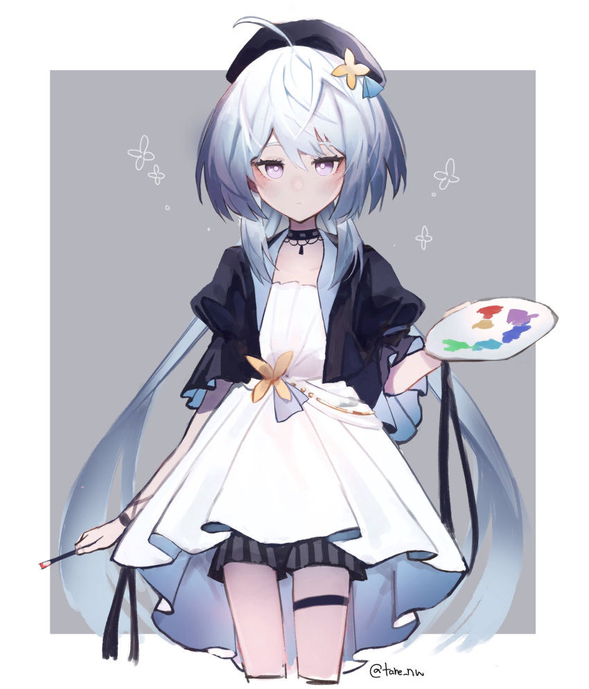 1girl ahoge bangs beret black_choker black_headwear black_jacket choker closed_mouth commentary_request cropped_legs dress flower grey_background grey_hair griseo hair_between_eyes hair_flower hair_ornament hat highres holding holding_paintbrush honkai_(series) honkai_impact_3rd jacket long_hair looking_at_viewer low_twintails paintbrush palette_(object) puffy_short_sleeves puffy_sleeves short_sleeves solo striped tare_(tonikaku_magaru) thigh_strap twintails twitter_username two-tone_background vertical_stripes very_long_hair violet_eyes white_background white_dress yellow_flower