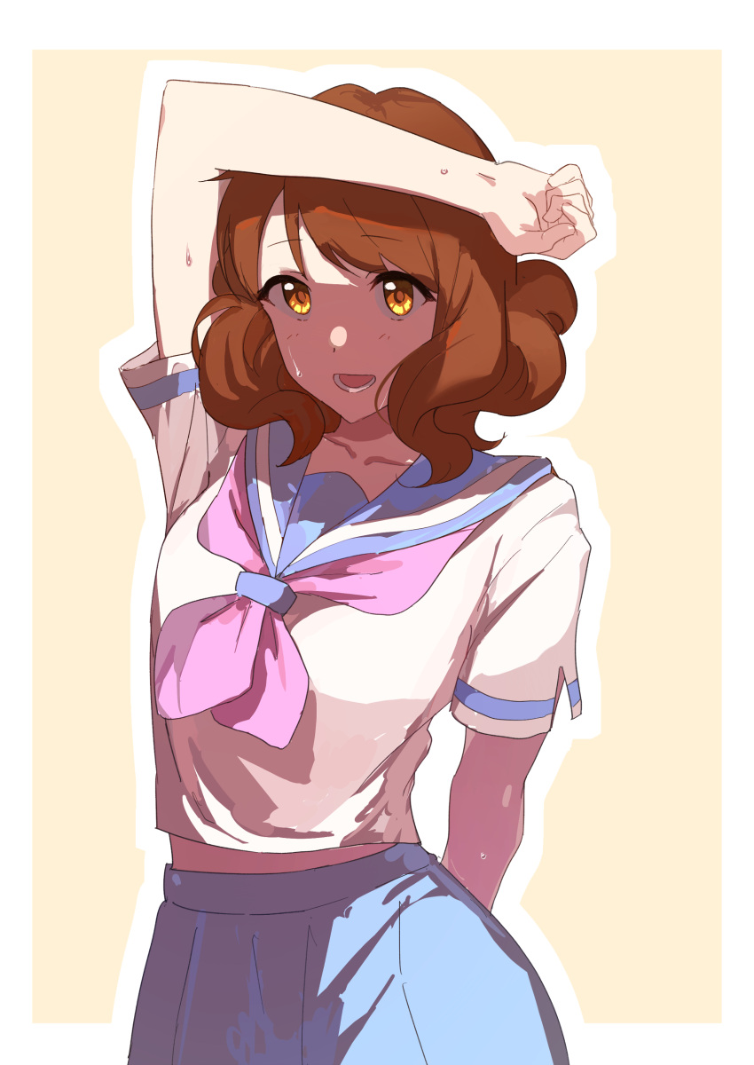 1girl absurdres arm_up blue_sailor_collar blue_skirt brown_eyes brown_hair commentary_request cowboy_shot hibike!_euphonium highres kitauji_high_school_uniform looking_at_viewer lower_teeth matarasu_(aaaaaaaaj) midriff_peek neckerchief open_mouth oumae_kumiko pink_neckerchief pleated_skirt sailor_collar school_uniform shirt short_hair short_sleeves skirt smile solo sweat teeth white_shirt