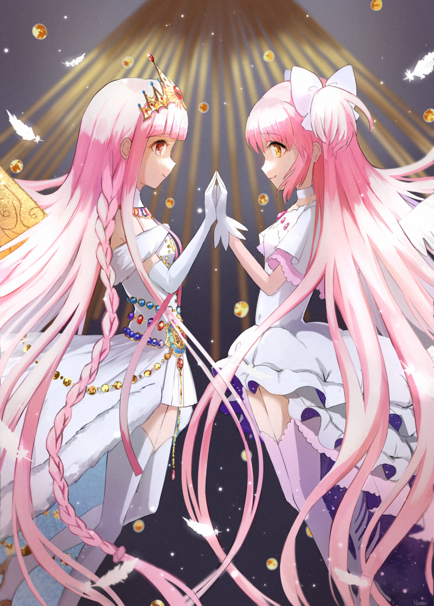 2girls bow choker closed_mouth commentary_request dress elbow_gloves eye_contact frilled_dress frills gloves goddess_madoka hair_bow highres infinite_iroha kaname_madoka long_hair looking_at_another magia_record:_mahou_shoujo_madoka_magica_gaiden mahou_shoujo_madoka_magica multiple_girls nacky0610 pink_eyes pink_hair pink_thighhighs smile thigh-highs tiara two_side_up very_long_hair white_bow white_choker white_dress white_thighhighs yellow_eyes zettai_ryouiki