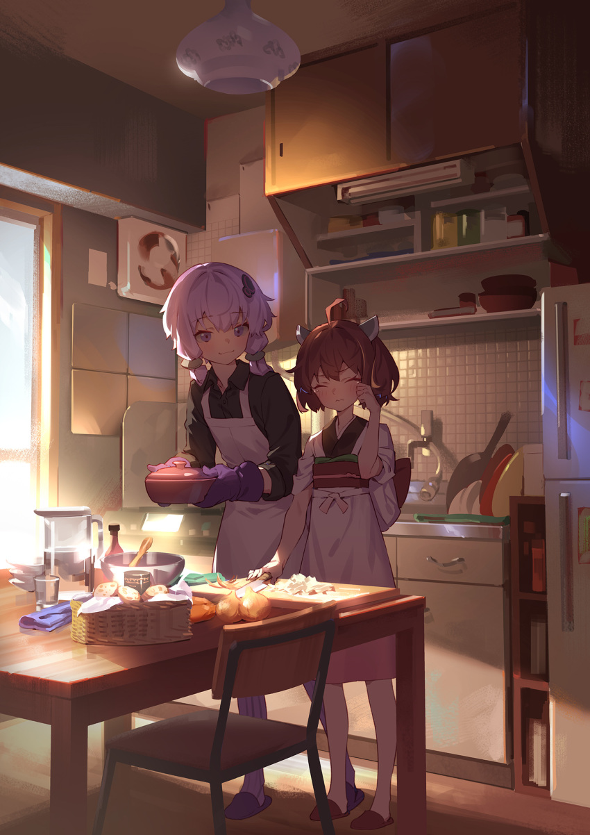2girls ahoge apron bangs basket black_shirt blush bowl brown_hair chair closed_eyes closed_mouth collared_shirt cooking cooking_pot cup cutting_board cutting_onions day drinking_glass faucet frying_pan gloves hand_up hands_up headgear highres holding holding_cooking_pot indoors japanese_clothes kimono kitchen knife leaning_forward light_purple_hair long_hair long_sleeves looking_at_another multiple_girls onion purple_footwear purple_gloves red_footwear refrigerator ribbed_legwear rubbing_eyes shirt short_hair sleeves_pushed_up slippers smile standing table tearing_up touhoku_kiritan twintails violet_eyes vocaloid voiceroid white_apron white_kimono wing_collar yamamomo_(plank) yuzuki_yukari