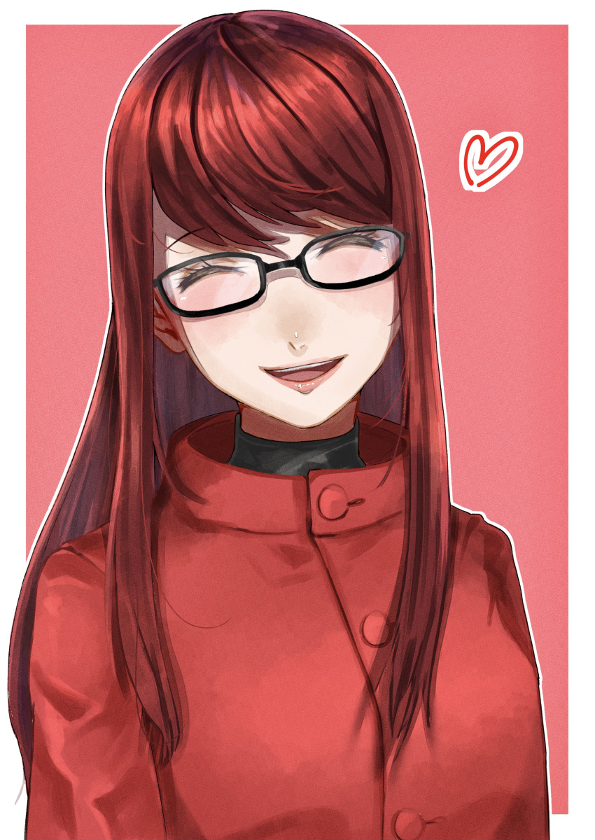 1girl :d absurdres bangs black-framed_eyewear border closed_eyes coat facing_viewer glasses heart highres long_hair open_mouth outline outside_border persona persona_5 persona_5_the_royal red_coat redhead reonzeee0120 shiny shiny_hair smile solo straight_hair swept_bangs very_long_hair white_border yoshizawa_kasumi
