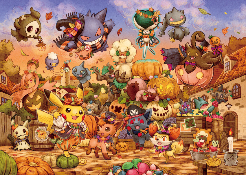 absurdres applin banette barrel building calyrex candle clothed_pokemon clouds commentary_request day door drifloon duskull falling_leaves fennekin gengar gourgeist greedent halloween hat hatted_pokemon highres leaf litwick mimikyu morpeko morpeko_(hangry) munchlax official_art open_mouth outdoors phantump pikachu pokemon pumpkaboo scarf shuppet sky smile standing standing_on_one_leg table trevenant vulpix whimsicott window witch_hat zorua