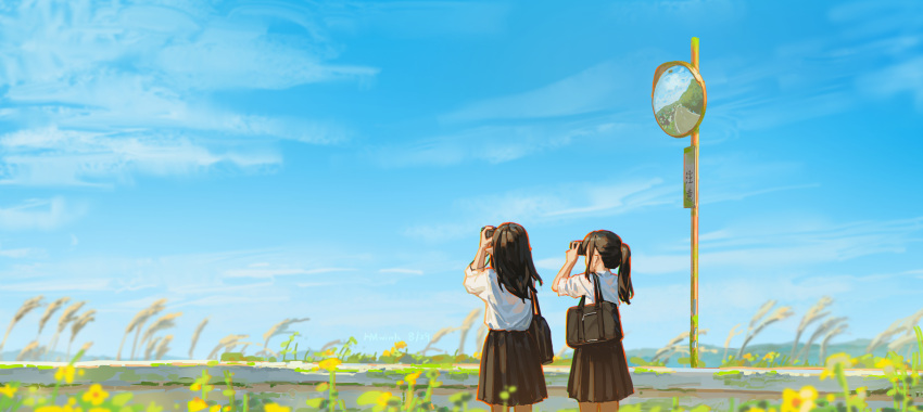 2girls absurdres bag binoculars black_hair black_skirt chinese_commentary commentary_request from_behind highres holding holding_binoculars hua_ming_wink long_hair multiple_girls original outdoors pointy_ears ponytail reflection scenery school_bag school_uniform shirt skirt traffic_mirror white_shirt