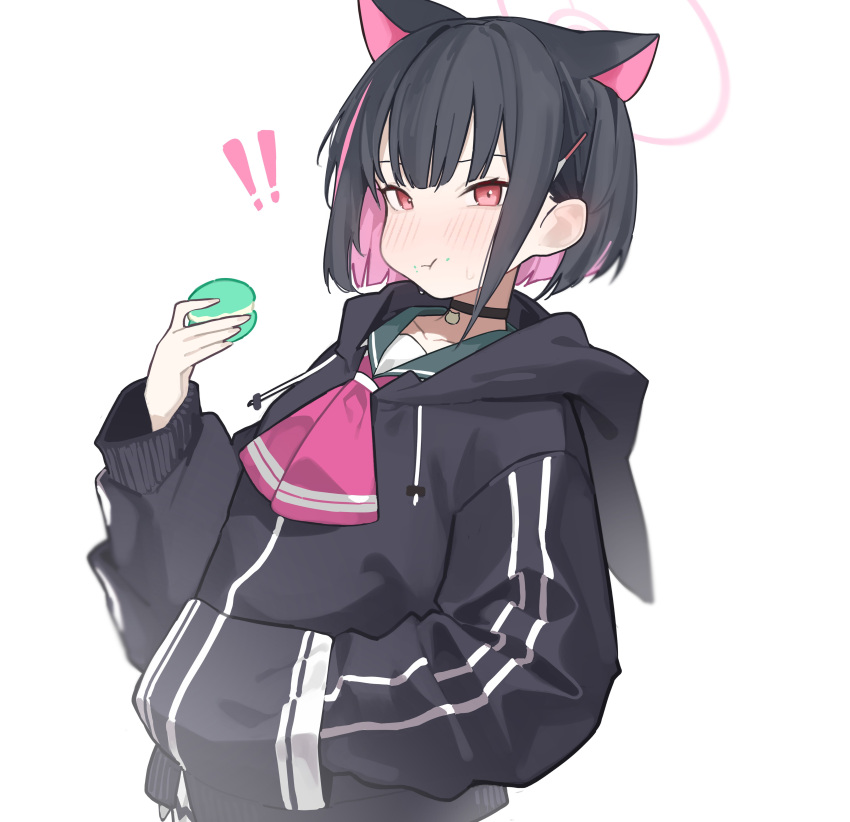 ! !! 1girl :t absurdres ascot bangs black_hair black_hoodie blue_archive blush choker colored_inner_hair fataaa food food_on_face halo hand_in_pocket hand_up highres holding holding_food hood hood_down hoodie kazusa_(blue_archive) long_sleeves looking_at_viewer macaron multicolored_hair pink_ascot red_eyes sailor_collar short_sleeves simple_background solo upper_body white_background