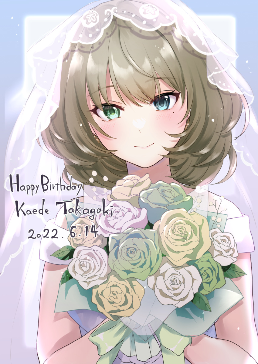 1girl 2022 absurdres bangs blue_eyes blush bouquet bridal_veil brown_hair character_name chii_(sbshop) closed_mouth dated flower green_eyes green_flower hair_between_eyes happy_birthday highres holding holding_bouquet idolmaster idolmaster_cinderella_girls long_hair looking_at_viewer mole mole_under_mouth shiny shiny_hair smile solo takagaki_kaede upper_body veil white_flower yellow_flower