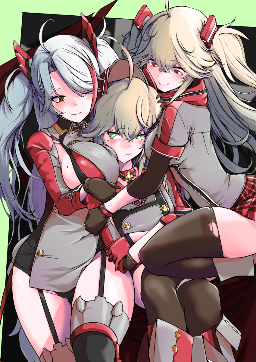 3girls absurdres admiral_hipper_(azur_lane) antenna_hair arm_hug armpit_cutout armpits azur_lane black_choker blonde_hair bluecher_(azur_lane) boots breast_envy breast_press breasts buttons choker clothing_cutout cross double-breasted flag_print garter_straps german_flag girl_sandwich green_eyes grey_hair hat highres hug iron_cross knee_boots long_hair long_sleeves mole mole_on_breast multicolored_clothes multicolored_hair multicolored_scarf multiple_girls p.i.t.d panties peaked_cap prinz_eugen_(azur_lane) red_shorts redhead sandwiched scarf shorts side_cutout sideboob smile split-color_hair streaked_hair thigh-highs two_side_up underwear