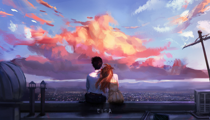 1boy 1girl black_hair blue_sky cinndvl city cityscape clouds dress dress_shirt english_commentary highres ikari_shinji leaning_on_person light_rays mountainous_horizon neon_genesis_evangelion outdoors redhead rooftop scenery shirt sky souryuu_asuka_langley sundress sunset utility_pole