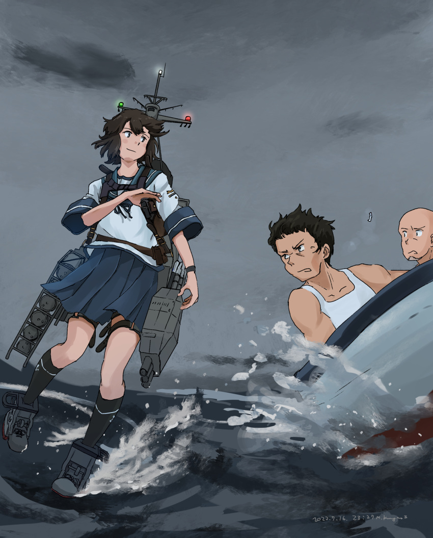 1girl 2boys absurdres black_hair blue_sailor_collar blue_skirt boat brown_eyes clouds cloudy_sky commentary_request dated depth_charge depth_charge_projector gun highres kantai_collection kuragare loafers machinery messy_hair miyuki_(kancolle) multiple_boys ocean pleated_skirt rigging sailor_collar school_uniform serafuku shoes short_hair short_sleeves sidelocks signature skirt sky smokestack standing standing_on_liquid thigh_strap torpedo_launcher watercraft weapon