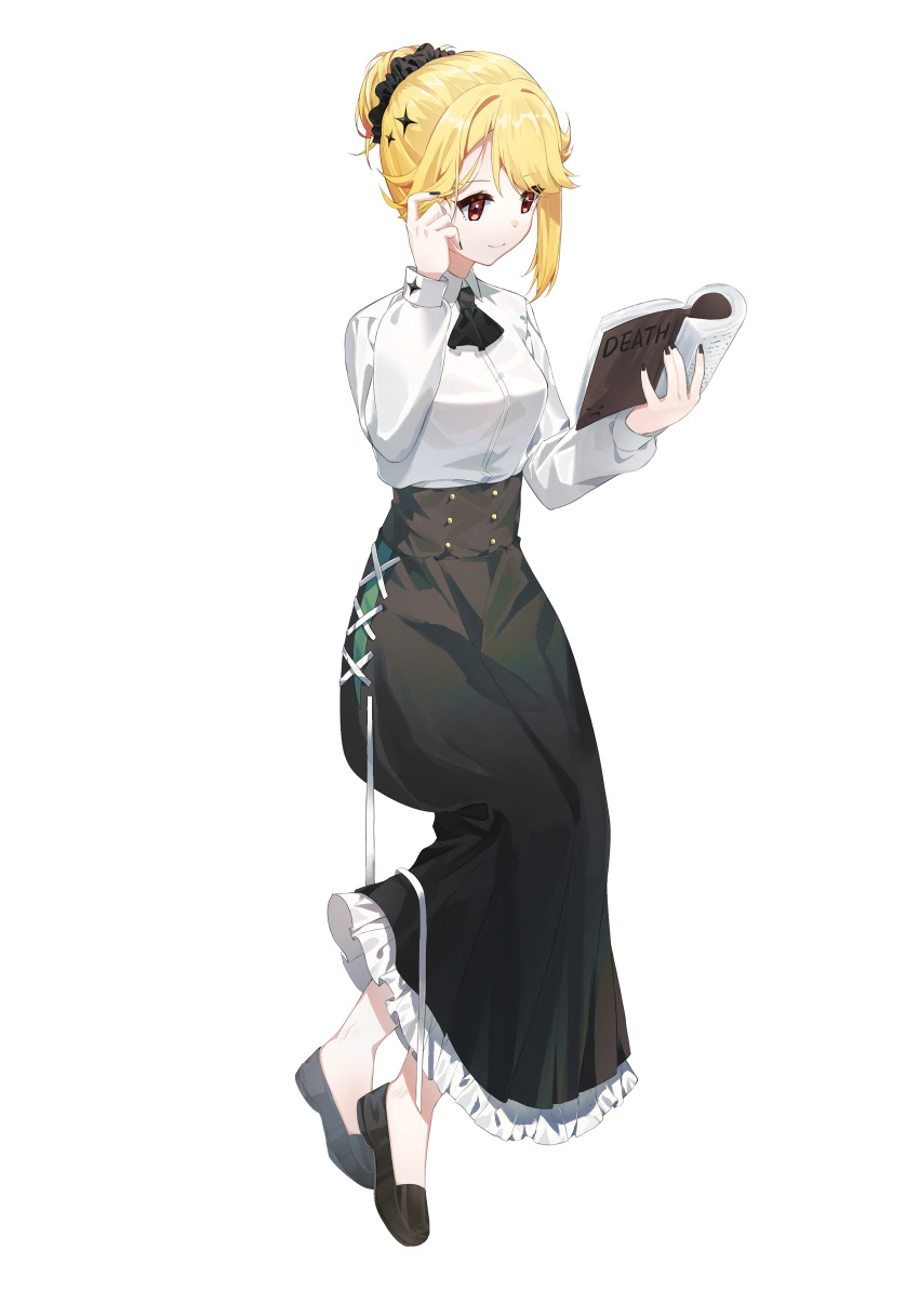 1girl absurdres ascot bangs black_ascot black_footwear black_nails black_skirt blonde_hair book breasts brown_eyes chinese_commentary commission hair_bun hanyaka highres holding holding_book long_skirt looking_down medium_breasts nijisanji nox_(vtuber) nox_official reading second-party_source skirt smile solo sparkle_hair_ornament transparent_background virtual_youtuber virtuareal white_background