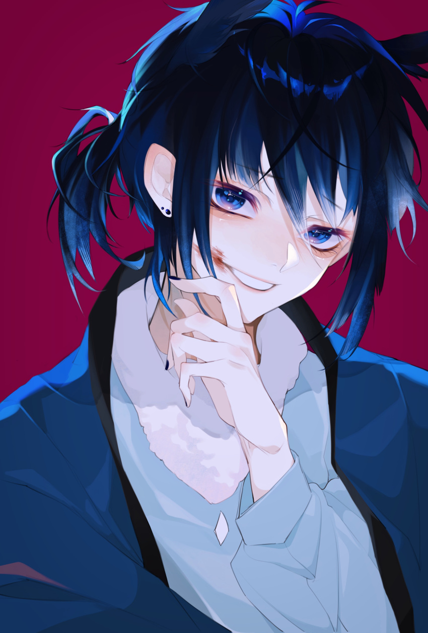 1boy absurdres bishounen black_nails blood blood_on_face blue_eyes blue_hair earrings grey_hair highres jewelry looking_at_viewer lu87168373 male_focus mimizuku_(sky:_children_of_the_light) pointy_hair ponytail sky:_children_of_the_light solo white_hair