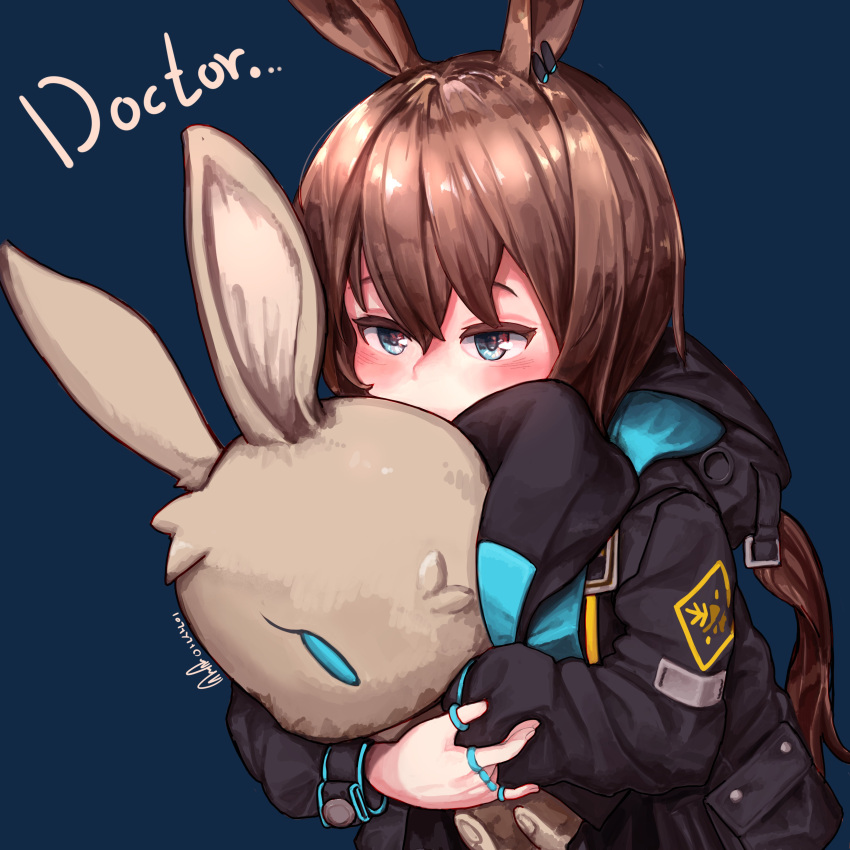 1girl absurdres amiya_(arknights) animal_ears ansan_ey arknights bangs black_coat blue_eyes blush brown_hair coat covered_mouth doll_hug english_text highres hood hood_down hooded_coat jewelry korean_commentary long_hair long_sleeves low_ponytail multiple_rings object_hug rabbit_ears ring signature solo stuffed_animal stuffed_bunny stuffed_toy upper_body