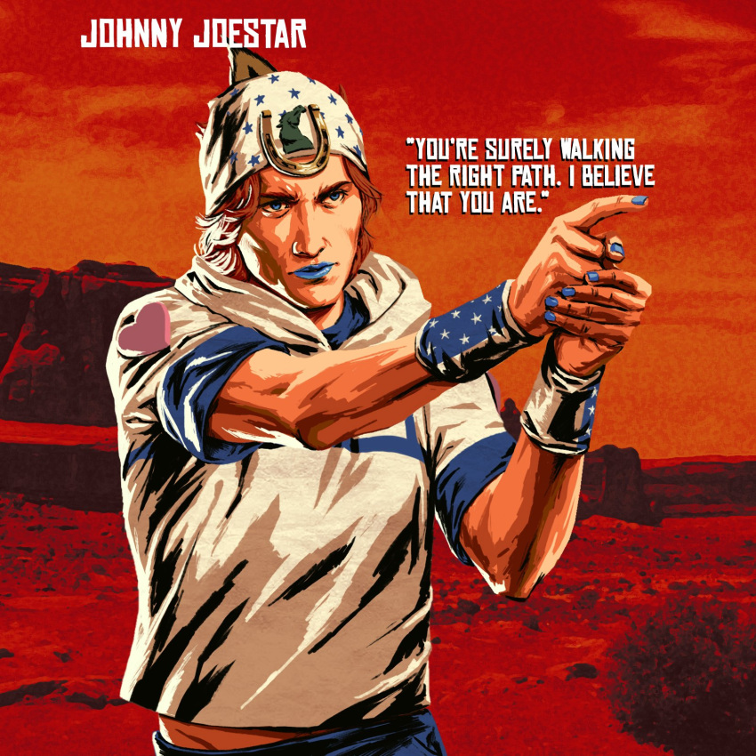 1boy blonde_hair blue_eyes blue_lips blue_nails blue_pants character_name cowboy_shot english_text eyyobrar hands_up hat highres johnny_joestar jojo_no_kimyou_na_bouken male_focus pants photo_background red_background red_dead_redemption shirt short_hair short_sleeves solo standing steel_ball_run white_headwear white_shirt wristband