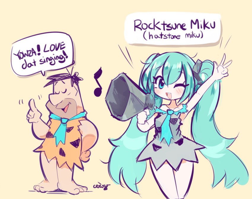 1boy 1girl aqua_eyes aqua_hair aqua_necktie arm_up bare_arms bare_legs bare_shoulders barefoot black_hair blush ceroblitz closed_eyes collarbone eighth_note fred_flintstone hatsune_miku highres long_hair megaphone musical_note necktie open_mouth pale_skin parody polka_dot short_hair signature smile spoken_musical_note the_flintstones twintails very_long_hair vocaloid w