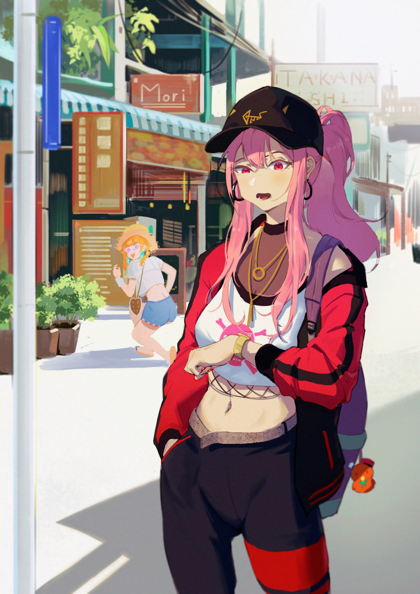 absurdres bag baseball_cap crop_top earrings feather_earrings feathers gradient_hair hair_through_headwear hat highres holding holding_bag hololive hololive_english jacket jewelry lestrn mori_calliope multicolored_hair official_alternate_costume orange_hair outdoors pants pink_hair road sign standing street takanashi_kiara track_jacket track_pants track_suit virtual_youtuber waiting watch yuri