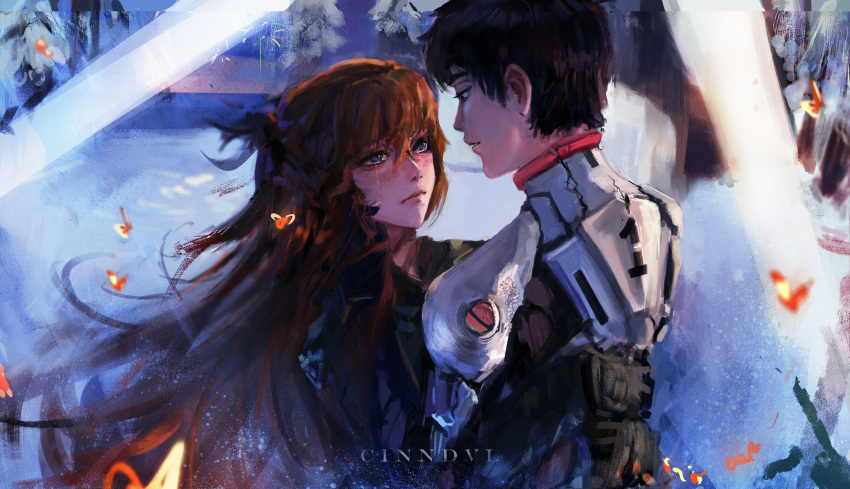 1boy 1girl absurdres artist_name blue_eyes bug butterfly cinndvl english_commentary fanfic hand_on_another's_cheek hand_on_another's_face highres ikari_shinji light_rays looking_at_another neon_genesis_evangelion plugsuit rebuild_of_evangelion redhead souryuu_asuka_langley sunbeam sunlight tears wind