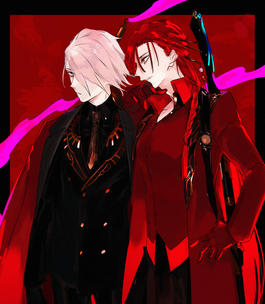 1boy 1girl aqua_eyes black_border black_jacket black_pants black_shirt black_suit border braid brown_necktie buttons closed_mouth coat coat_on_shoulders collared_shirt cowboy_shot ddlcclia double-breasted expressionless fate/grand_order fate_(series) formal gloves hair_ornament hair_over_one_eye hair_stick hand_on_hip hand_on_own_chin highres jacket karna_(fate) karna_(formal_dress)_(fate) long_hair looking_at_viewer looking_to_the_side necktie oda_nobunaga_(fate) oda_nobunaga_(maou_avenger)_(fate) open_collar pants parted_lips pink_hair pink_ribbon red_background red_coat red_eyes red_gloves red_shirt redhead ribbon shirt short_hair side_braid suit weapon weapon_on_back
