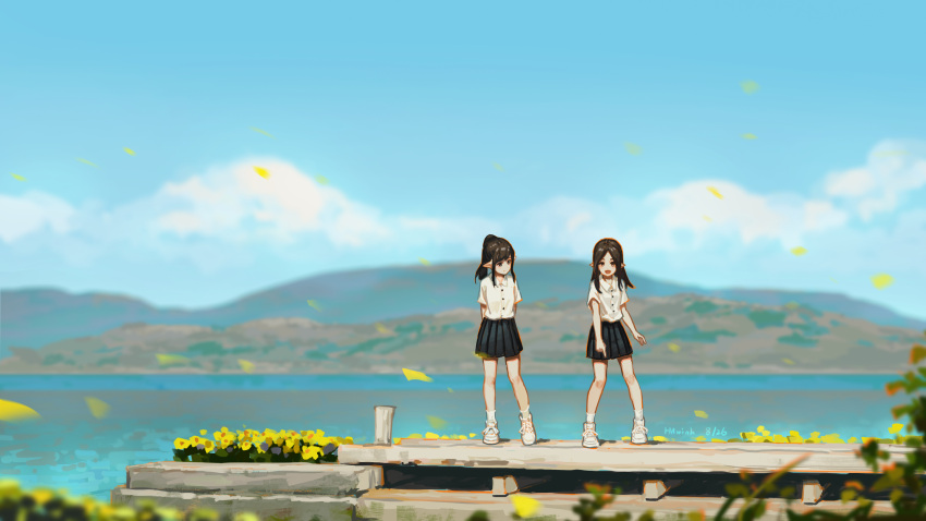 2girls black_hair black_skirt chinese_commentary commentary_request highres hua_ming_wink leaf long_hair mountain multiple_girls original outdoors pointy_ears ponytail scenery school_uniform shirt shoes skirt sneakers standing water white_footwear white_shirt wide_shot