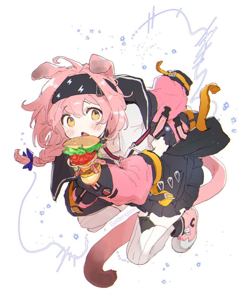 1girl animal_ears arknights bacon bangs black_skirt blue_bow bow braid burger cat_ears cat_girl cat_tail character_name dal-gi dressing floating floppy_ears food full_body garter_straps goldenglow_(arknights) hair_bow highres holding holding_clothes holding_jacket id_card jacket lettuce looking_at_viewer onion open_mouth pink_footwear pink_hair shoes side_braid simple_background skirt sneakers solo tail thigh-highs white_background white_thighhighs yellow_eyes