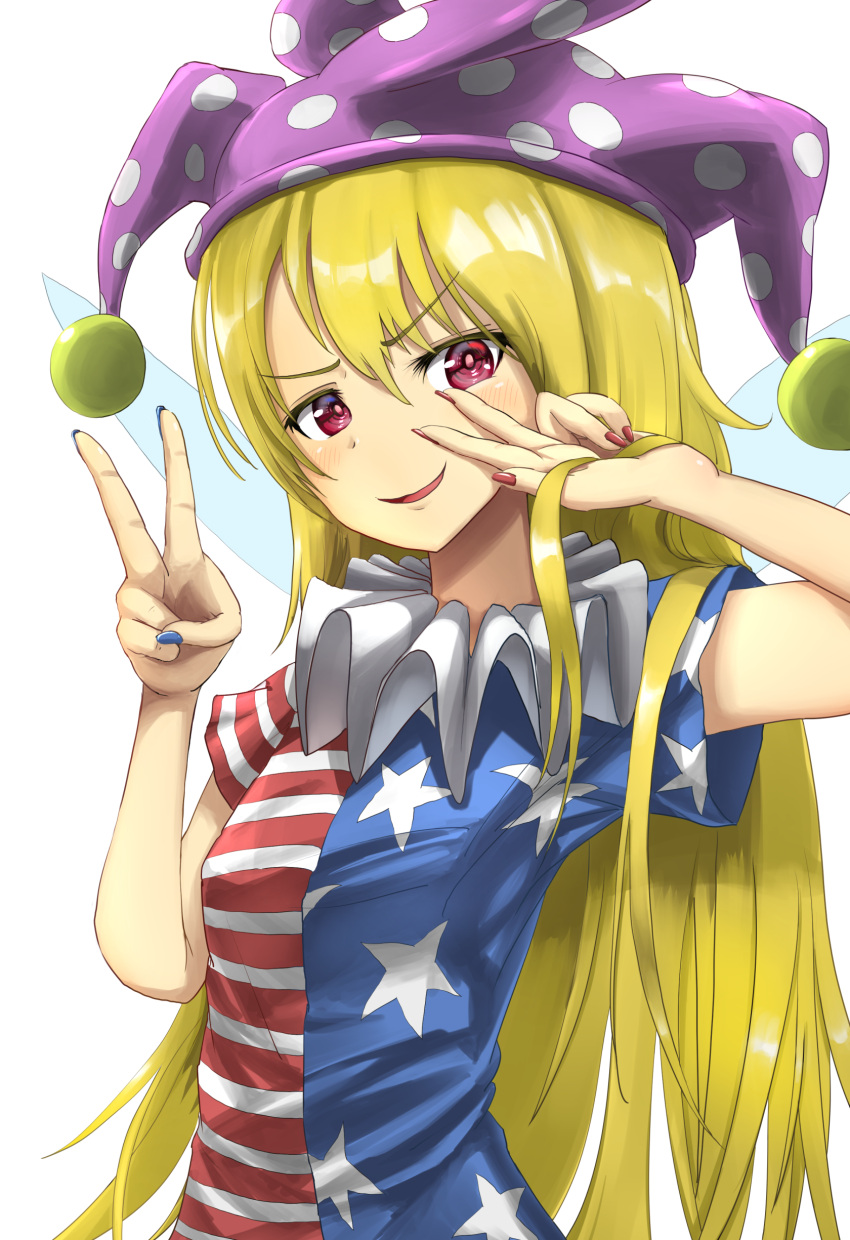 1girl absurdres american_flag_dress arm_up bangs blonde_hair blue_nails blush breasts clownpiece commentary_request dress eyes_visible_through_hair fairy_wings fingernails gurina_15 hair_between_eyes hands_up hat highres jester_cap long_fingernails long_hair looking_at_viewer multicolored_nails nail_polish neck_ruff open_mouth polka_dot purple_headwear red_eyes red_nails short_sleeves simple_background small_breasts smile solo standing star_(symbol) star_print striped striped_dress tongue touhou transparent_wings v-shaped_eyebrows white_background wings