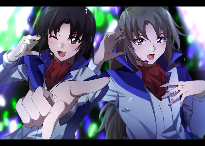 2boys absurdres bangs black_hair blush brown_eyes brown_hair hand_on_own_chest headset highres jacket long_hair makabe_kazuki male_focus minashiro_soushi_(2) multiple_boys one_eye_closed open_hand open_mouth parted_bangs pointing red_scarf scarf shigenomiya smile soukyuu_no_fafner upper_body v-shaped_eyebrows vest white_background white_jacket white_vest