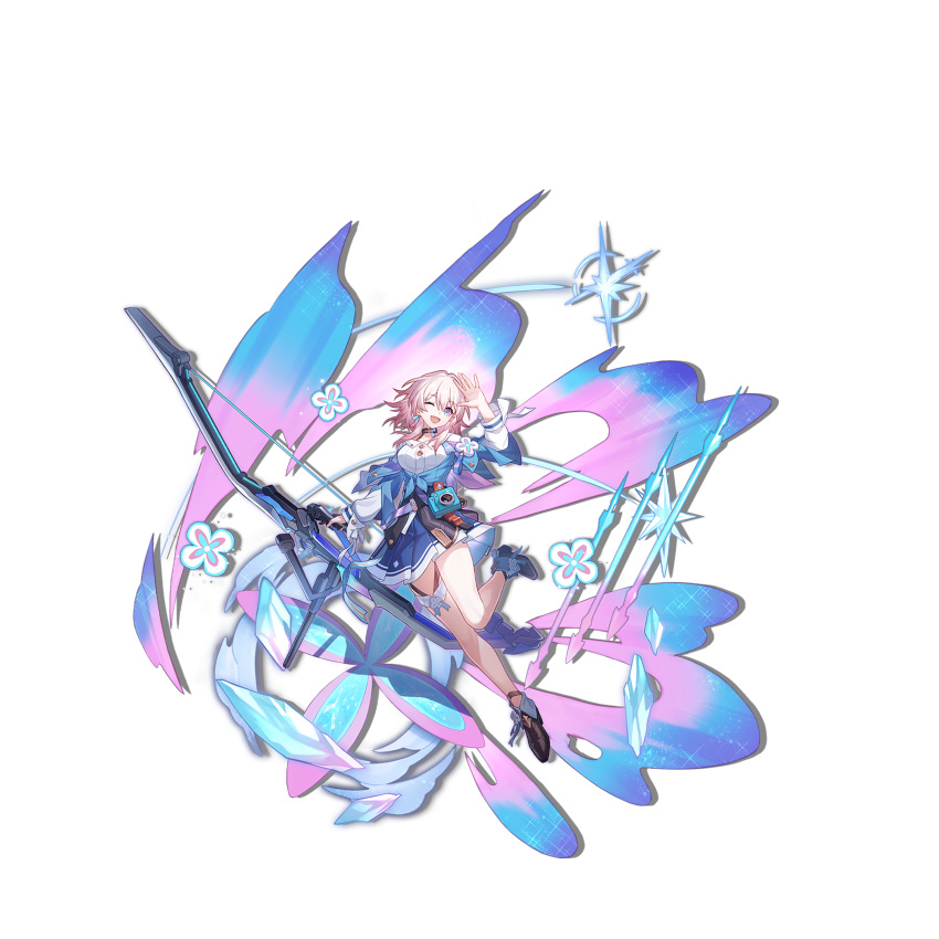 1girl :d absurdres arrow_(projectile) blue_eyes boots bow full_body highres honkai:_star_rail honkai_(series) long_sleeves march_7th_(honkai:_star_rail) multicolored_eyes official_art one_eye_closed open_mouth pink_hair skirt smile solo transparent_background violet_eyes