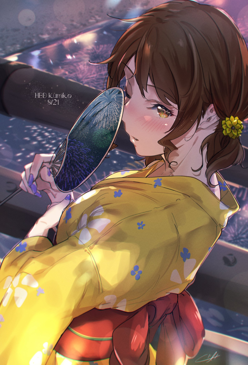 1girl bangs blush bridge brown_eyes brown_hair fireworks floral_print flower hair_flower hair_ornament hand_fan hand_up happy_birthday hibike!_euphonium highres holding holding_fan japanese_clothes kimono kuziaaizuk long_sleeves looking_at_viewer looking_back oumae_kumiko outdoors paper_fan parted_lips railing reflection river short_hair solo standing water yellow_kimono