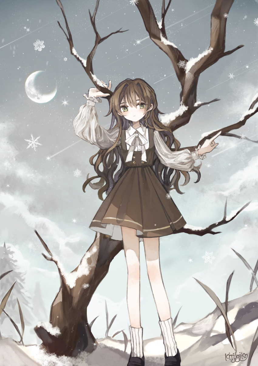 1girl antenna_hair artist_name bangs bare_legs bare_tree bow bowtie branch brown_dress brown_hair brown_shirt buttons closed_mouth clouds collared_shirt commentary crescent_moon dress expressionless frilled_sleeves frills green_eyes grey_sky hair_between_eyes highres holding holding_branch index_finger_raised kitijoji loafers long_hair long_sleeves looking_at_viewer moon original outdoors pine_tree puffy_sleeves rock shirt shoes shooting_star signature snow snowing socks solo standing symbol-only_commentary tree white_bow white_bowtie white_shirt white_socks winter