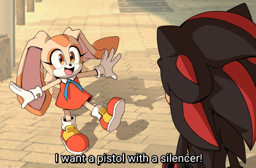1boy 1girl :d brown_eyes child commentary cream_the_rabbit dress english_commentary english_text female_child furry furry_female furry_male gloves highres kiikoi11 looking_at_another open_mouth parody rabbit_girl red_dress shadow shadow_the_hedgehog smile sonic_(series) spy_x_family standing standing_on_one_leg subtitled white_gloves