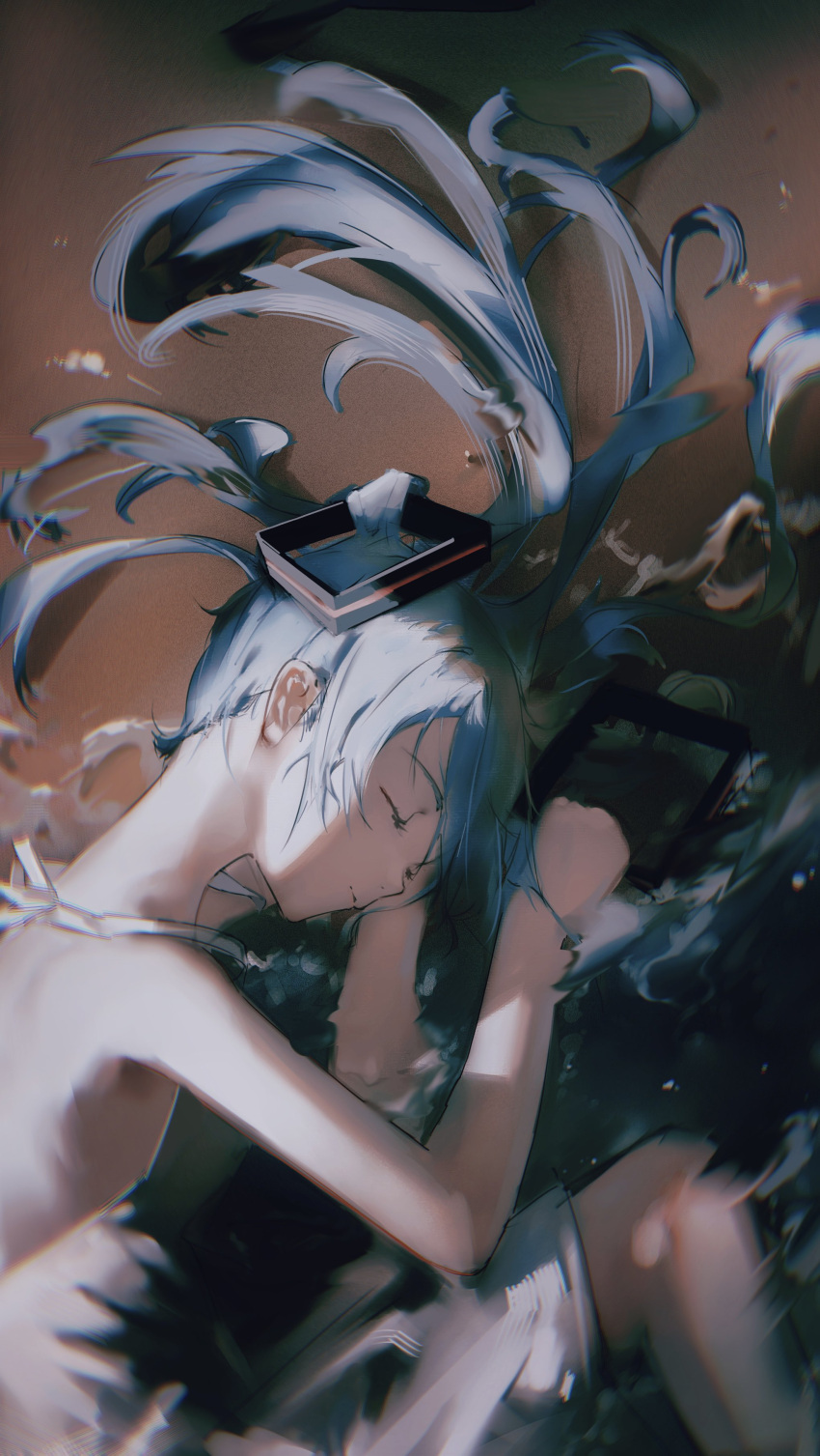 1girl absurdres bare_shoulders blue_hair chromatic_aberration closed_eyes closed_mouth dress film_grain hatsune_miku highres holding long_hair lying ocean on_side outdoors painterly sand solo suzukasuraimu twintails vocaloid water waves wet white_dress