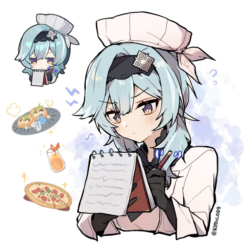 1girl :/ bangs black_gloves black_hairband blue_hair blush bright_pupils chef_hat chef_uniform closed_eyes commentary_request eula_(genshin_impact) food genshin_impact genshin_impact_sticker_redraw_(meme) gloves hair_over_shoulder hairband hat highres holding holding_notepad kyou_039 long_sleeves meme notepad pen pizza reference_inset shiny shiny_hair sidelocks simple_background solo twitter_username v-shaped_eyebrows white_background white_pupils writing