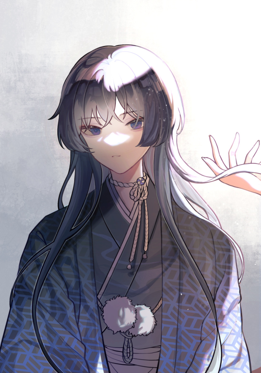 1boy bishounen genshin_impact hand_in_another's_hair highres japanese_clothes long_hair looking_at_viewer male_focus pale_skin purple_hair scaramouche_(genshin_impact) solo songyh932 violet_eyes