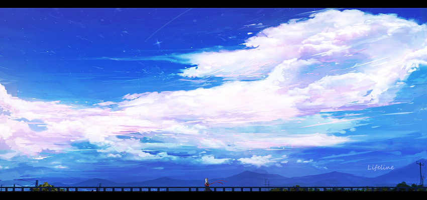 1girl arknights armband artist_name blue_sky clouds cloudy_sky day facing_away grey_hair highres letterboxed lifeline_(a384079959) outdoors railing red_ribbon ribbon scenery sky solo star_(sky) starry_sky talulah_(arknights) utility_pole wide_shot