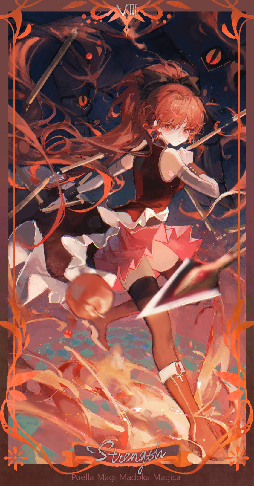 1girl absurdly_long_hair absurdres bare_shoulders black_bow black_thighhighs bow collared_dress detached_sleeves dress fire hair_bow high_ponytail highres holding holding_weapon jacket light_frown long_hair looking_at_viewer looking_down maccha_(mochancc) mahou_shoujo_madoka_magica pink_skirt red_dress red_eyes redhead sakura_kyouko skirt standing thigh-highs very_long_hair weapon white_background white_jacket