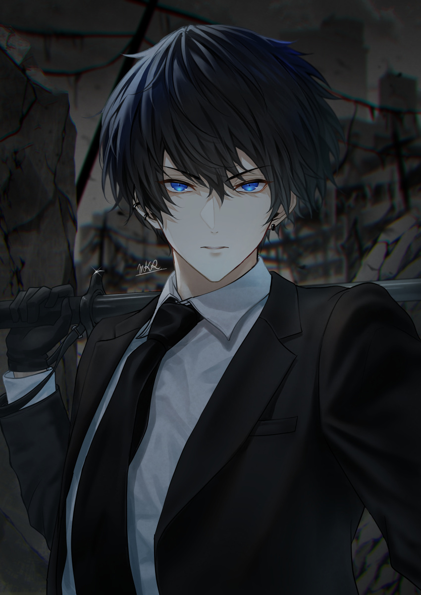 1boy absurdres artist_name bangs black_gloves black_hair black_jacket black_necktie blue_eyes breast_pocket building closed_mouth collared_shirt commentary dress_shirt ear_piercing earrings formal gloves hair_between_eyes hand_up highres holding holding_sword holding_weapon jacket jewelry lapels long_sleeves looking_at_viewer makura_wet male_focus necktie open_clothes open_jacket original over_shoulder piercing pocket post-apocalypse ruins shirt short_hair signature solo sword symbol-only_commentary upper_body v-shaped_eyebrows weapon weapon_over_shoulder white_shirt wing_collar