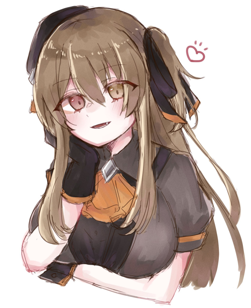1girl arm_under_breasts ascot assault_lily bangs beret black_gloves black_headwear black_ribbon blush breasts brown_hair commentary_request cropped_torso fang gloves grey_jacket hair_between_eyes hair_ribbon hand_on_own_cheek hand_on_own_face hand_up hat head_tilt heart heterochromia highres jacket kuo_shenlin large_breasts long_hair looking_at_viewer lower_teeth official_alternate_costume one_side_up orange_ascot parted_lips puffy_short_sleeves puffy_sleeves red_eyes ribbon short_sleeves sidelocks sketch smile solo teeth tilted_headwear upper_body yellow_eyes yubari_lemon_(lemonlilie)