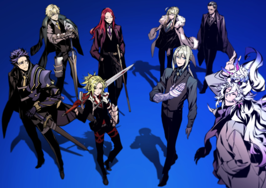 2girls 6+boys absurdres agravain_(fate) artoria_pendragon_(fate) artoria_pendragon_(lancer)_(fate) bedivere_(fate) blonde_hair coat coat_on_shoulders dress_shirt fate/grand_order fate_(series) formal fou_(fate) full_body fur-trimmed_jacket fur_trim gawain_(fate) gradient gradient_background highres holding holding_sword holding_weapon jacket knights_of_the_round_table_(fate) lancelot_(fate/grand_order) long_hair looking_at_viewer merlin_(fate) miwa_shirow mordred_(fate) mordred_(fate/apocrypha) multiple_boys multiple_girls necktie ponytail purple_hair redhead shirt short_hair simple_background standing suit sword tristan_(fate) weapon white_hair