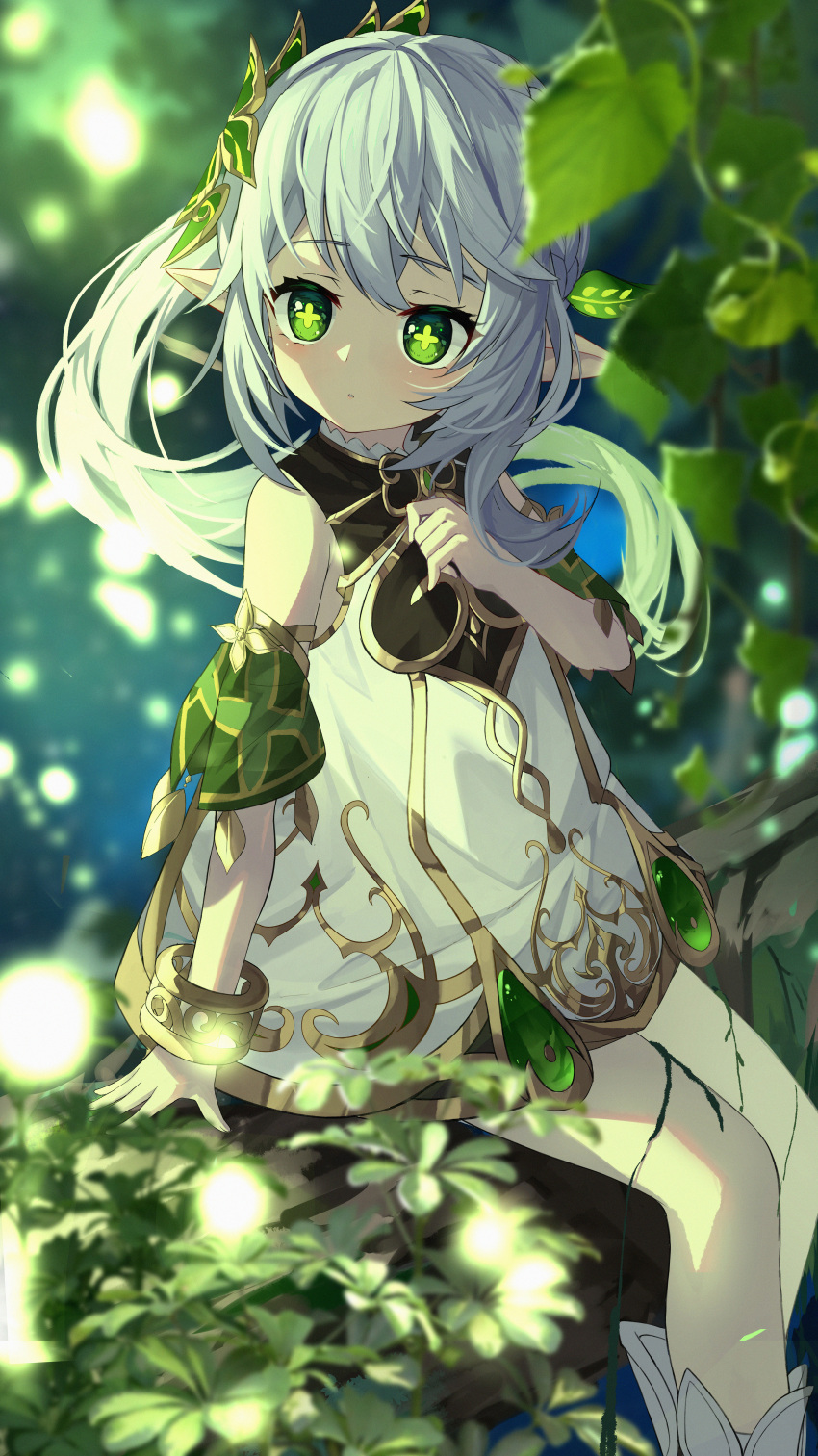 1girl absurdres bangs bracelet detached_sleeves dress feet_out_of_frame geez genshin_impact glowing green_eyes hair_ornament highres jewelry leaf leaf_background light multicolored_hair nahida_(genshin_impact) pointy_ears seiza side_ponytail sitting streaked_hair symbol-shaped_pupils white_dress white_hair