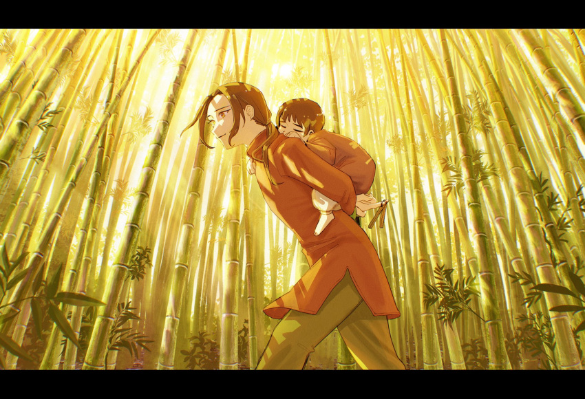 2boys axis_powers_hetalia bamboo bamboo_forest blue_kimono brown_eyes brown_hair carrying china_(hetalia) chinese_clothes fatherly forest geta highres japan_(hetalia) japanese_clothes kimono long_hair looking_afar male_child multiple_boys nature pcpc_onaka piggyback ponytail side_slit sleeping smile younger yukata