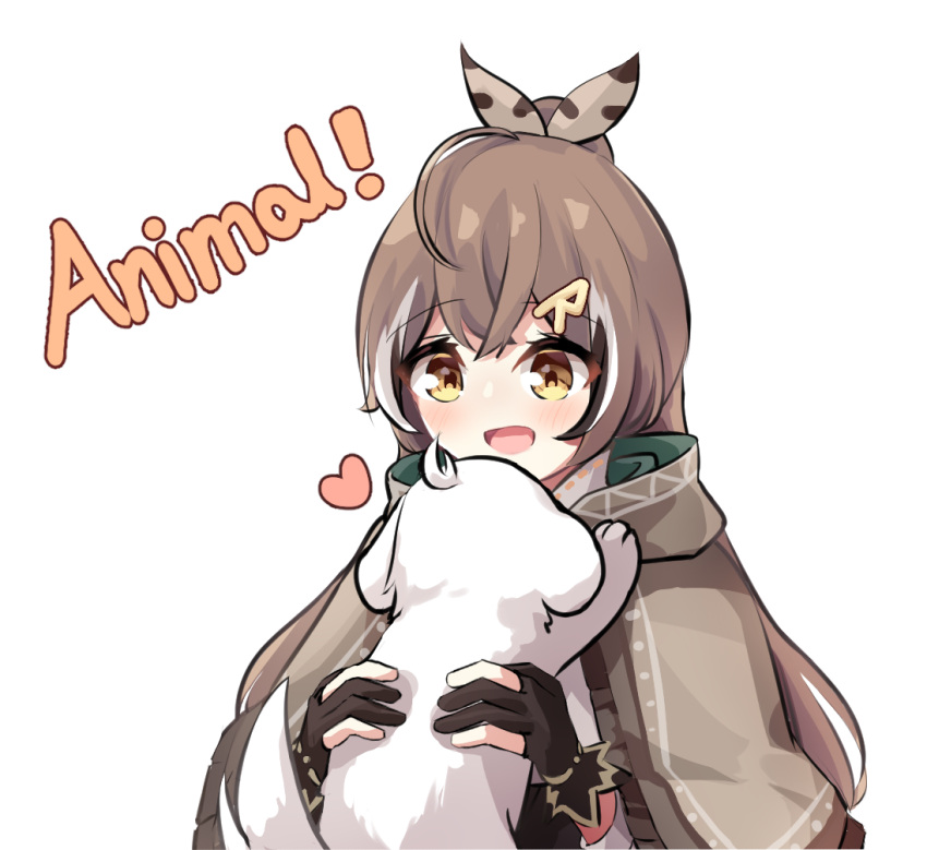 1girl :d ahoge animal bangs black_hair brown_hair capelet commentary crossed_bangs dog english_text feather_hair_ornament feathers gloves hair_ornament heart hololive hololive_english likameri025 looking_at_another multiple_girls nanashi_mumei open_mouth owl_girl partially_fingerless_gloves puppy simple_background smile solo transparent_background upper_body virtual_youtuber white_hair yellow_eyes