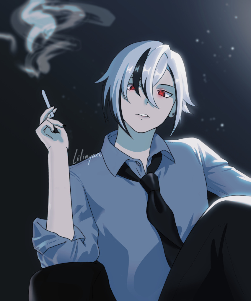 1girl arlecchino_(genshin_impact) bangs black_hair cigarette crossed_legs earrings eyebrows_hidden_by_hair genshin_impact grey_hair hair_between_eyes highres jewelry lilinyan looking_at_viewer multicolored_hair nail_polish necktie open_mouth red_eyes shirt sitting smoking solo tomboy