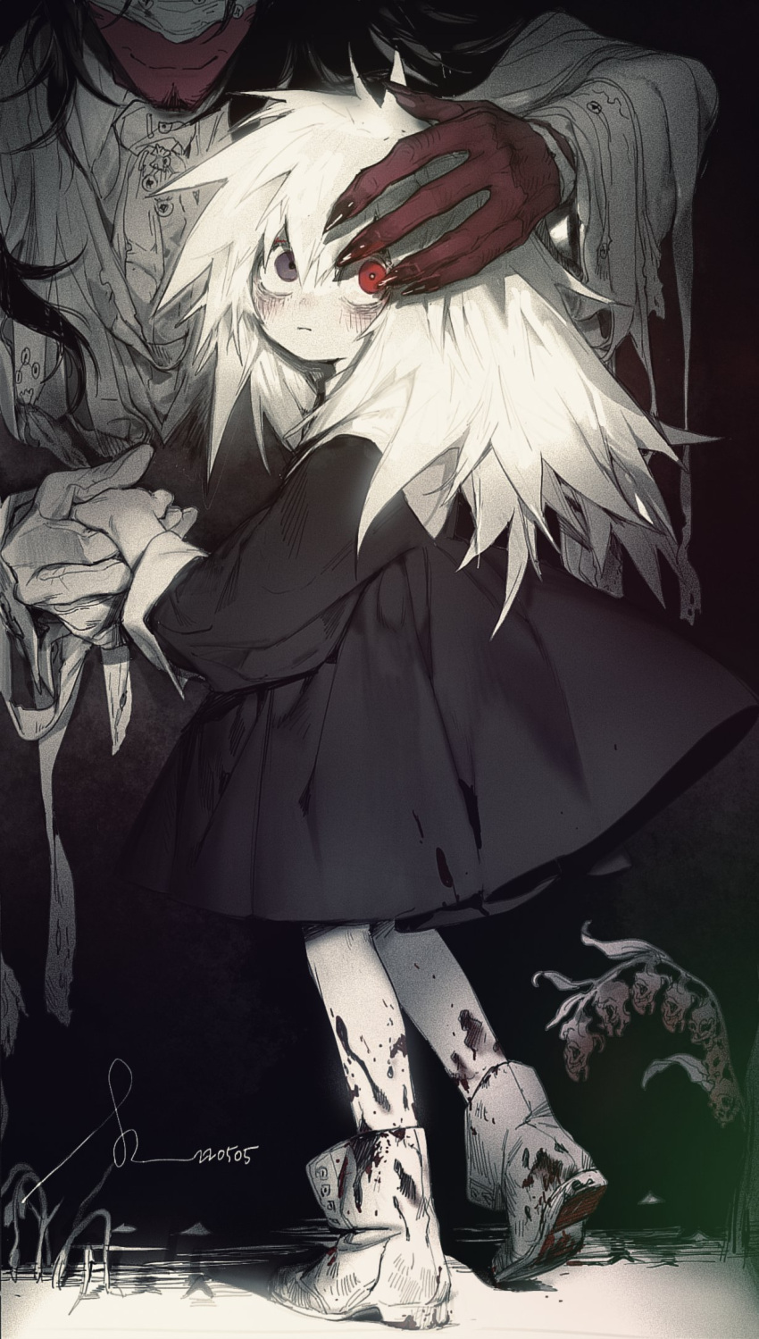 1boy 1girl black_dress blush boots closed_mouth colored_skin copyright_request dress female_child fingernails heterochromia highres long_hair long_sleeves looking_at_viewer pigeon666 red_eyes red_skin sharp_fingernails smile white_hair wide_sleeves