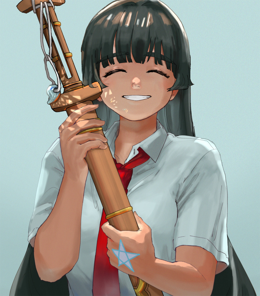 1girl ^_^ absurdres bangs black_hair blue_background blunt_bangs caustics closed_eyes collared_shirt commentary_request grin hand_tattoo highres holding holding_sword holding_weapon koji_(ku_123k) long_hair magatama master_2_(housamo) necktie red_necktie school_uniform shirt sidelocks smile solo star_tattoo sword tattoo tokyo_afterschool_summoners upper_body weapon white_shirt