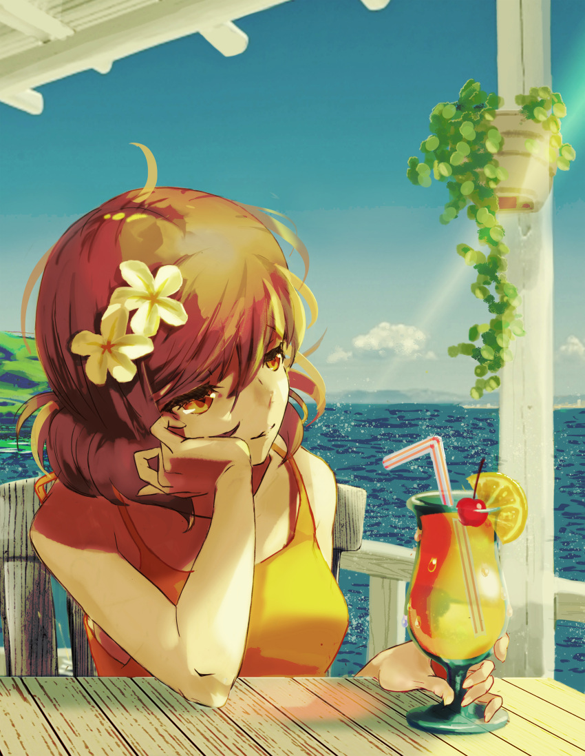 1girl absurdres bare_arms blue_sky brown_eyes chair cherry cup dowbleearth drinking_straw flower food fruit hair_flower hair_ornament hand_on_own_cheek hand_on_own_face head_rest hibike!_euphonium highres lemon ocean oumae_kumiko outdoors parted_lips plant potted_plant shirt short_hair sitting sky sleeveless sleeveless_shirt smile solo table white_flower yellow_shirt