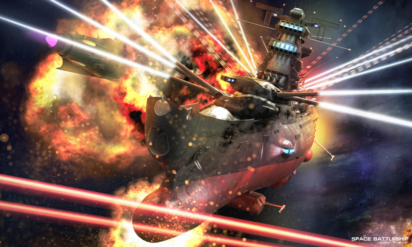 alien anchor battle character_name cruiser damaged debris dirty energy_cannon english_commentary english_text explosion firing gamilas highres lights michaellee4 military military_vehicle no_humans realistic science_fiction ship space spacecraft starry_background turret uchuu_senkan_yamato uchuu_senkan_yamato_2199 warship watercraft yamato_(uchuu_senkan_yamato)