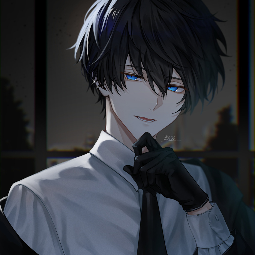 1boy artist_name bangs black_gloves black_hair black_jacket black_necktie blue_eyes blurry blurry_background building collared_shirt commentary_request ear_piercing earrings formal gloves hair_between_eyes hand_on_own_chin hand_up highres indoors jacket jewelry long_sleeves looking_at_viewer makura_wet male_focus necktie off_shoulder open_mouth original piercing round_teeth shirt short_hair signature sky smile solo teeth tree white_shirt window wing_collar