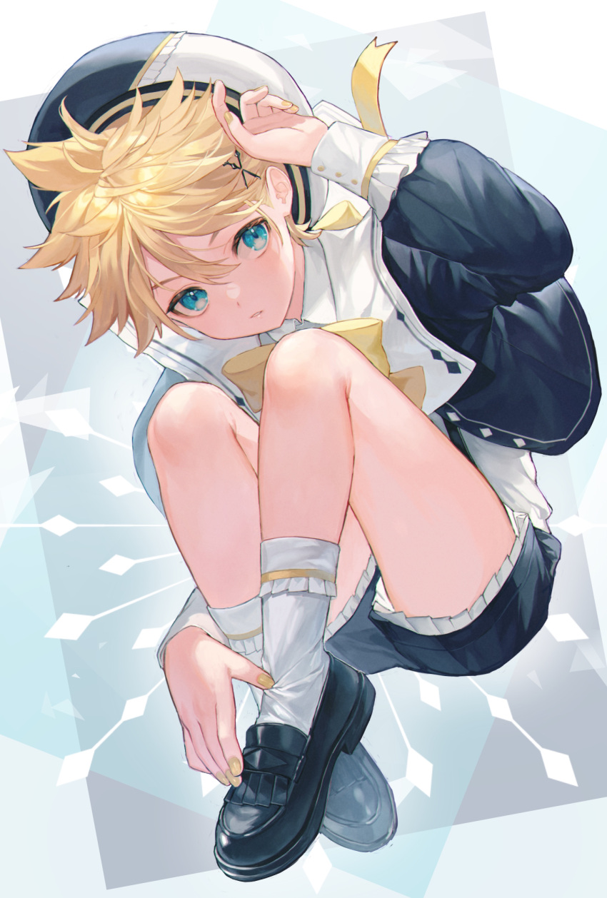 1boy alternate_costume bangs black_footwear blonde_hair blue_eyes blue_jacket child commentary commentary_request frilled_shorts frills full_body hair_between_eyes hair_ornament hairclip hand_up hat highres invisible_chair jacket kagamine_len knees_to_chest leaning_forward legs long_sleeves male_child male_focus nail_polish ribbon sailor_hat shadow shinotarou_(nagunaguex) shiny shiny_hair short_hair shorts sitting socks solo thighs vocaloid white_socks yellow_nails yellow_ribbon