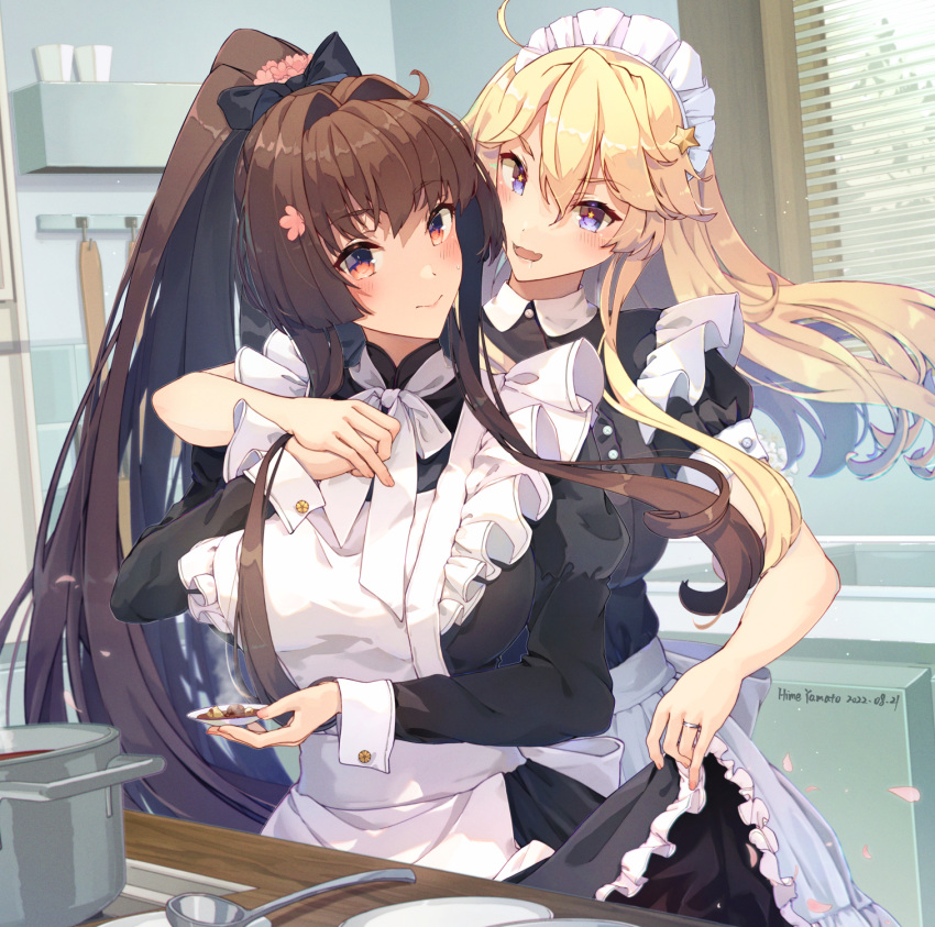 2girls alternate_costume apron arm_around_shoulder artist_name background_text black_dress blonde_hair blue_eyes blush breasts brown_eyes brown_hair casserole cherry_blossoms closed_mouth clothes_pull cooking dated dress dress_pull enmaided flower food frilled_apron frilled_dress frills from_behind furniture hair_between_eyes hair_flower hair_ornament hair_over_shoulder hair_ribbon head_tilt headgear highres himeyamato holding holding_tray indoors iowa_(kancolle) jewelry kantai_collection kitchen ladle large_breasts light_brown_hair long_hair long_sleeves looking_at_another maid maid_apron maid_headdress multiple_girls open_mouth plate pointy_hair ponytail puffy_short_sleeves puffy_sleeves ribbon ring short_sleeves sidelocks sink smile soup soup_ladle spatula star-shaped_pupils star_(symbol) stove symbol-shaped_pupils tasting tray waist_apron white_apron window wrist_cuffs yamato_(kancolle)