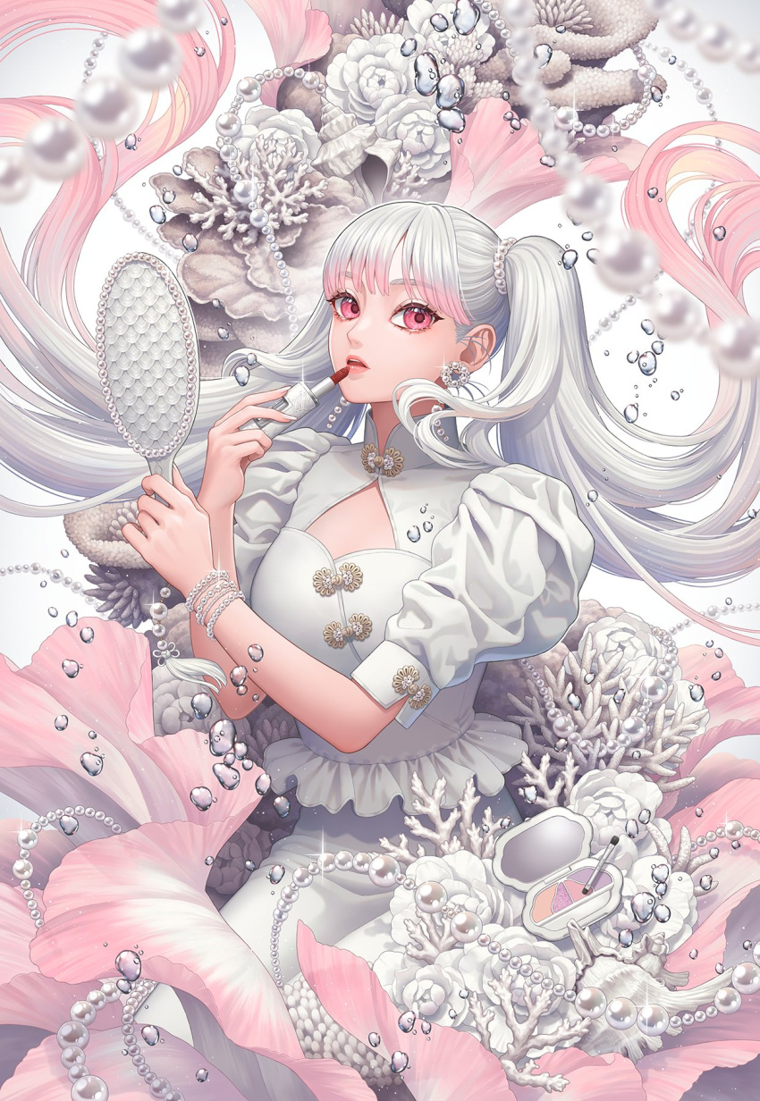 1girl applying_makeup bracelet coral cosmetics dress earrings flower gem hand_mirror highres jewelry lipstick looking_at_viewer makeup makeup_brush minami_(minami373916) mirror multicolored_hair original pearl_(gemstone) pearl_bracelet pearl_earrings pink_eyes pink_hair pink_theme puffy_sleeves solo twintails two-tone_hair white_background white_dress white_hair